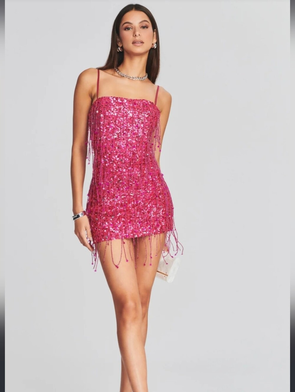 Retrofete Heather Star Fringe Sequin Metallic Beaded Western Pink Mini Dress